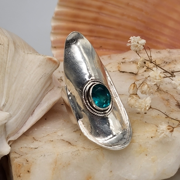 Clear Genuine Spinel Quartz Ocean Blue Stone Silver Ring - Picture 5 of 7